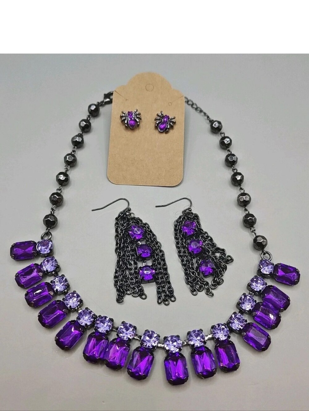 Halloween Necklace 3pc Set Widow Spider Earrings Studs Dangle Purple Black Witch